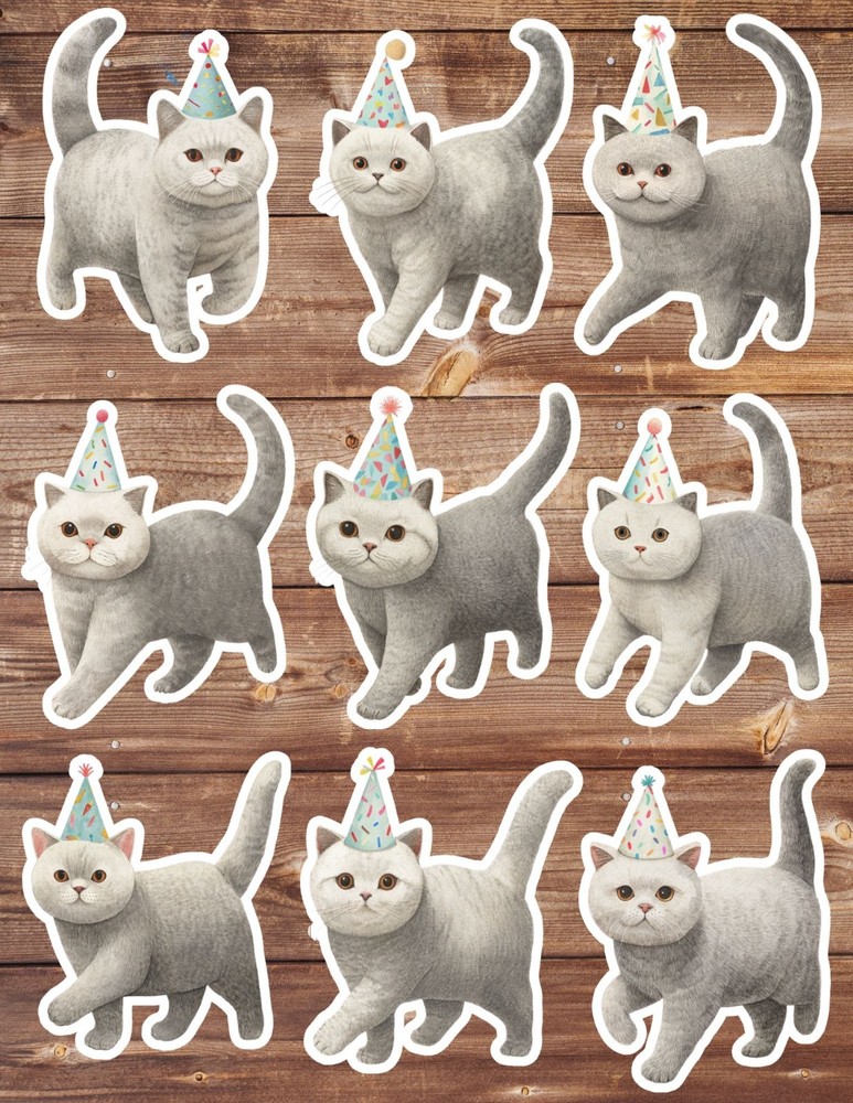 Gray Party Cat Die Cut Vinyl Stickers Set Scrapbooking Laptop Waterbottle
