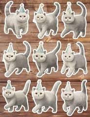Gray Party Cat Die Cut Vinyl Stickers Set Scrapbooking Laptop Waterbottle
