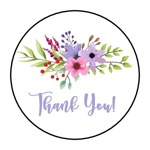 30 THANK YOU FLORAL ENVELOPE SEALS LABELS STICKERS 1.5″ ROUND FLOWERS PURPLE