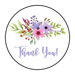 30 THANK YOU FLORAL ENVELOPE SEALS LABELS STICKERS 1.5″ ROUND FLOWERS PURPLE