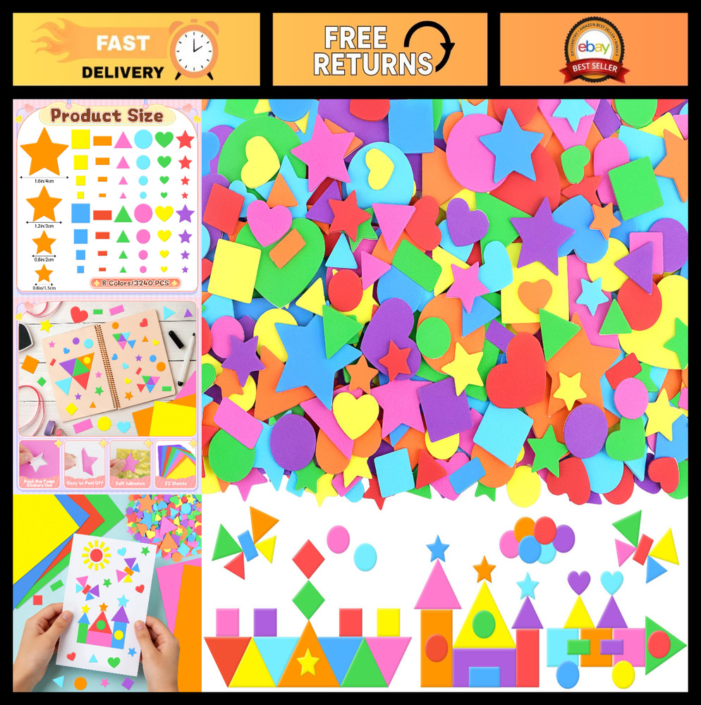 3240Pcs Colorful Foam Shape Stickers – Heart, Star, Circle for DIY Crafts & Scra