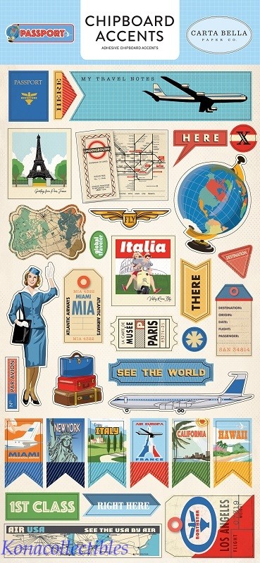 Echo Park Carta Bella Passport Chipboard Accent 6″X12″ Tags, Maps Travel