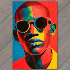 STICKER Bold Color Portrait Black Sunglasses Bright Rainbow Face Red Blue Pop