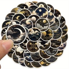 50pc Black Golden Celestial Sticker Pack, Vintage Night Sky Laptop & Scrapbook