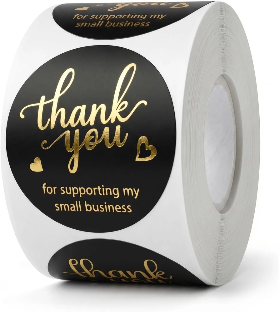 500Pcs Black Thank You Stickers Roll – 4 Gold Foil Font Designs, 1.5 Inch Thank