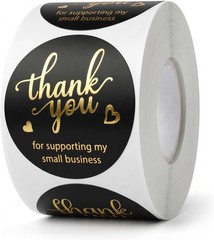 500Pcs Black Thank You Stickers Roll – 4 Gold Foil Font Designs, 1.5 Inch Thank