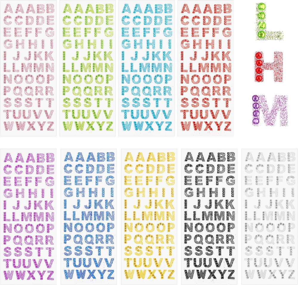 495 Pieces Glitter Alphabet Stickers, 9 Sheets 0.6″ A-Z Rhinestone Letter Sticke
