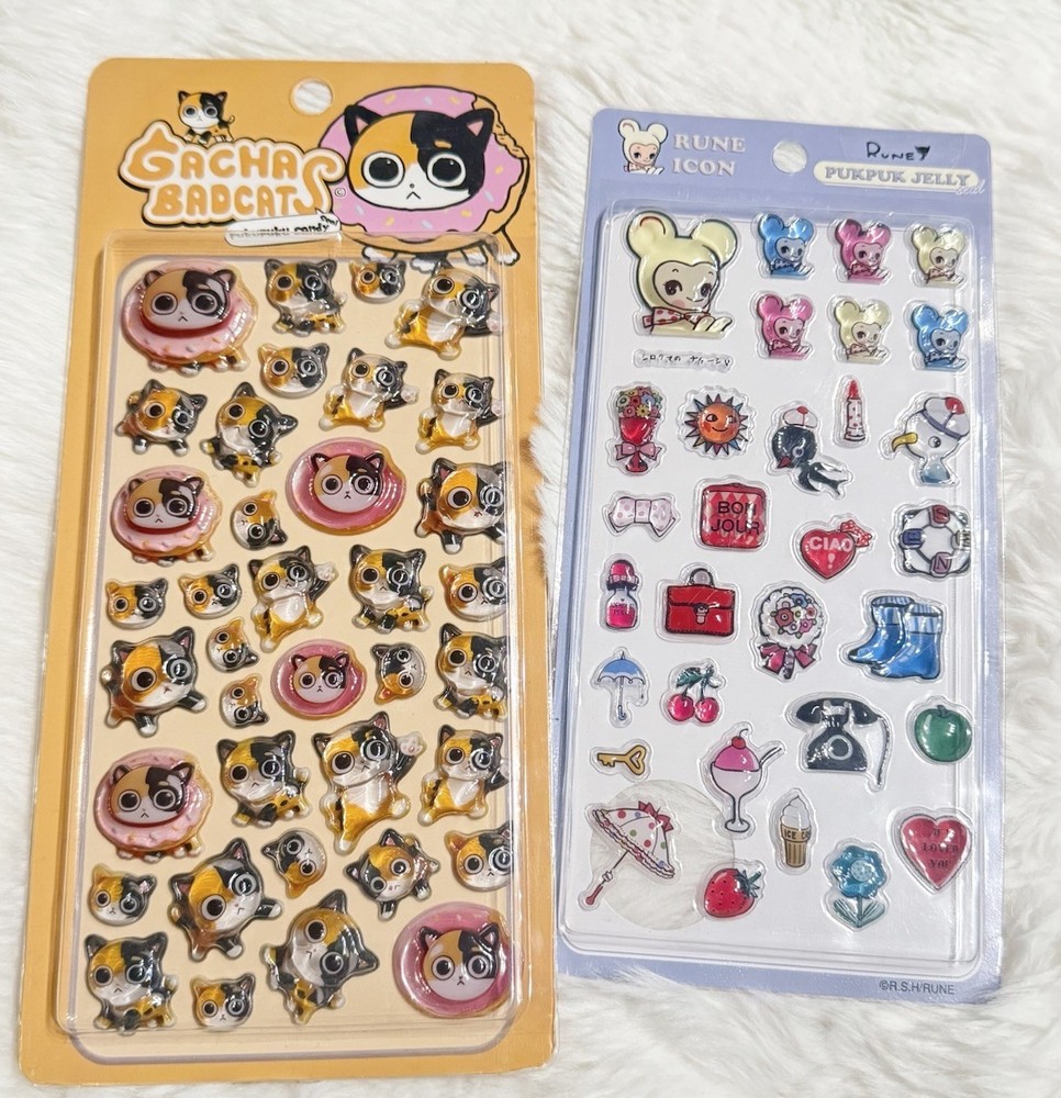 Rune Naito Vintage Puffy Stickers Lot 2pcs Heisei Retro Kawaii 3D Cat Japan y2k