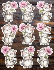 Kitten With Pink Flower Die Cut Vinyl Stickers Set Notebook Laptop WaterBottle