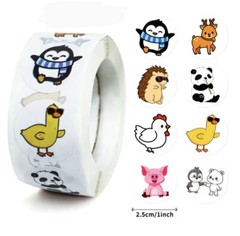 500 pcs Sticker Roll 1 Inch Cartoon Panda, Duck, Pig Animals Round Self Adhesive