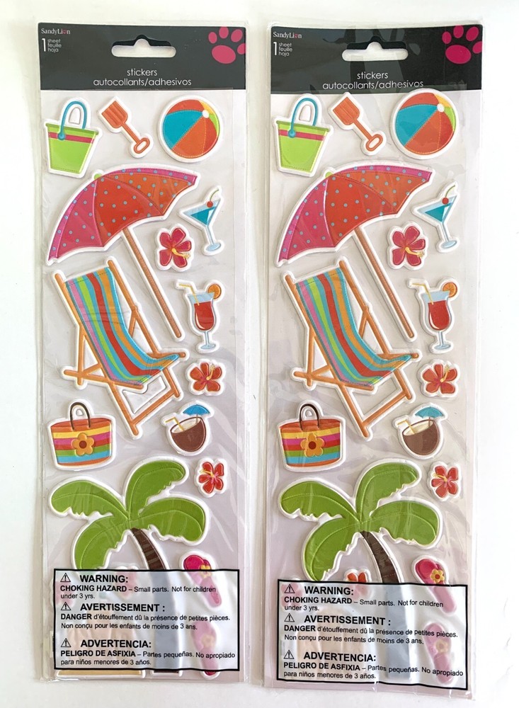 Lot of 2 Pkgs SandyLion Puffy BEACH Stickers Chair Umbrella Coconut Sand Castle