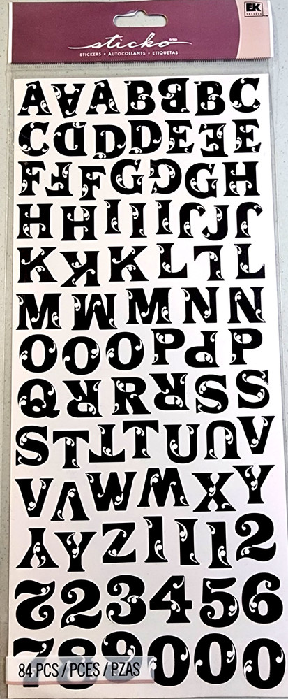 Black Flourish Alpha Large Numbers Clear Stickers 84pc Swirl Scrapbooking Sticko