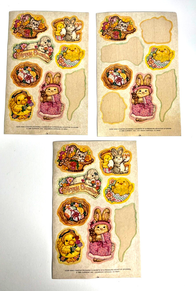 3 Vtg 1980 Sticker Sheets Current Inc Easter Bunnies Flowers Eggs Chicks Lamb