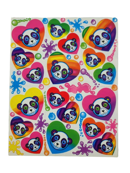 Vintage Lisa Frank Sticker Sheet Panda Bear Rainbow Hearts S162 1990s 4.5×6″