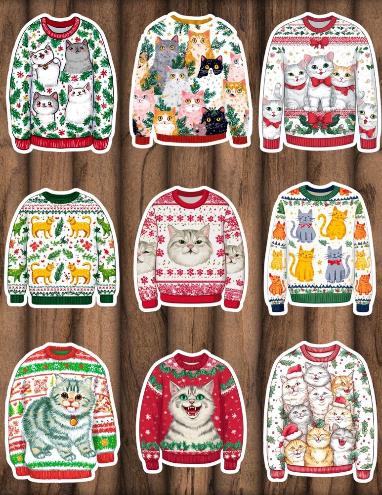 Ugly Cat Christmas Sweater Cut Vinyl Stickers Scrapbooking Laptop Waterbottle