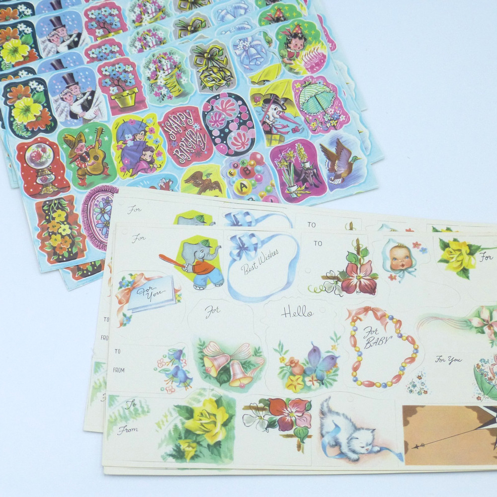 Vintage Gummed Seals and Gift Tags Lot Mid Century Wedding Baby All Occasion