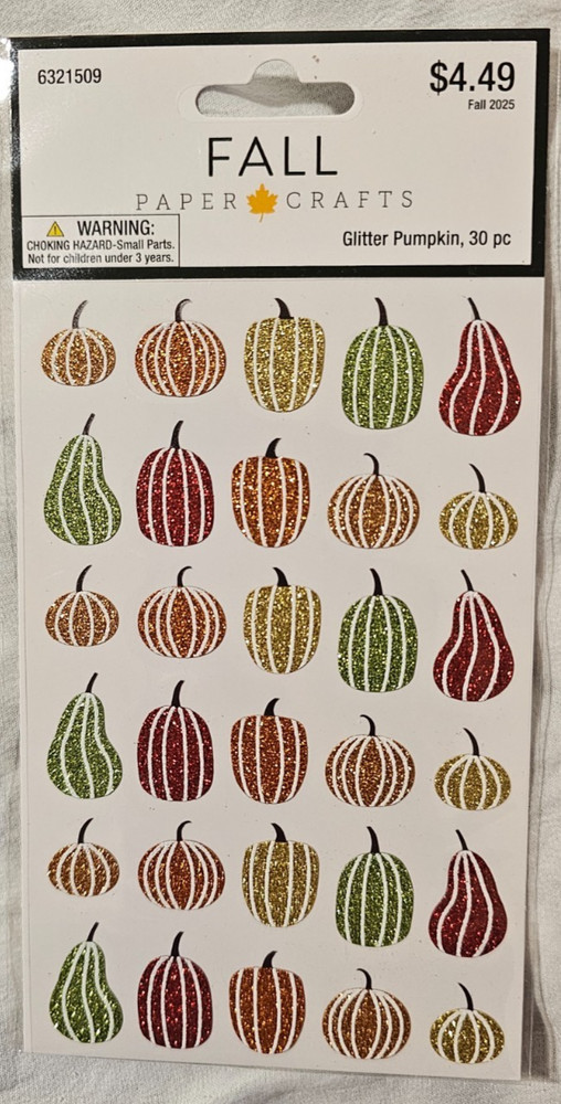 10 HL Paper Crafts Fall Themed Glitter Pumpkins Sticker Packs (30 Per Pack)