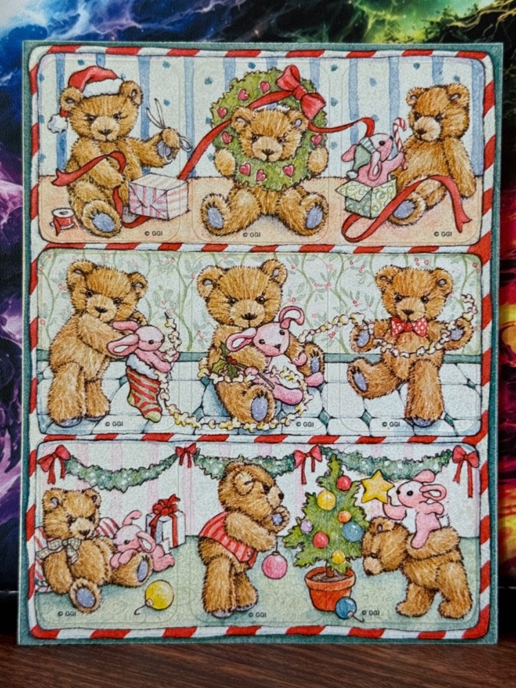 Vintage Gibson Greetings Inc. Christmas Teddy Bear & Bunny Sticker Sheet