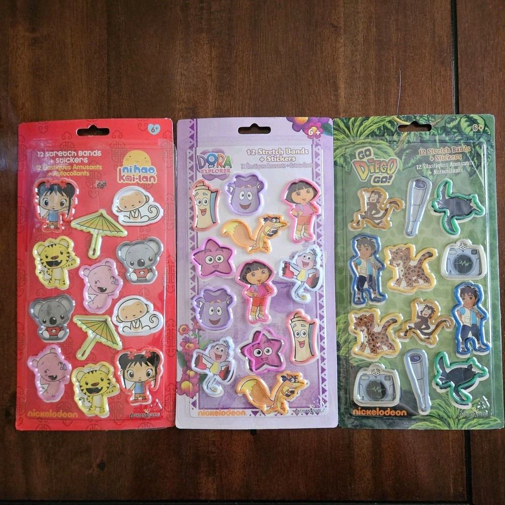 Vtg 2010 Nickelodeon Stickers Stretch Bands Lot Ni Hao Kai-Lan Dora Diego 3pk