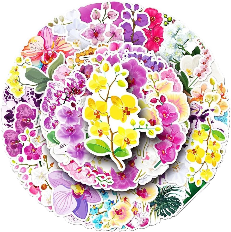 Elegant Orchid Flowers Vinyl Stickers, 50 PCS Waterproof Realistic Floral Decals