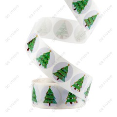 500pcs/roll 1in 8 Designs Green Christmas Tree Stickers Round Shape Chrome Paper
