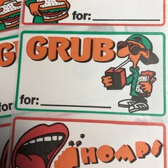 Vintage EATS GRUB CHOMP Book Label Sticker LOT x4 1980s 1990s Comic Graphic COOL