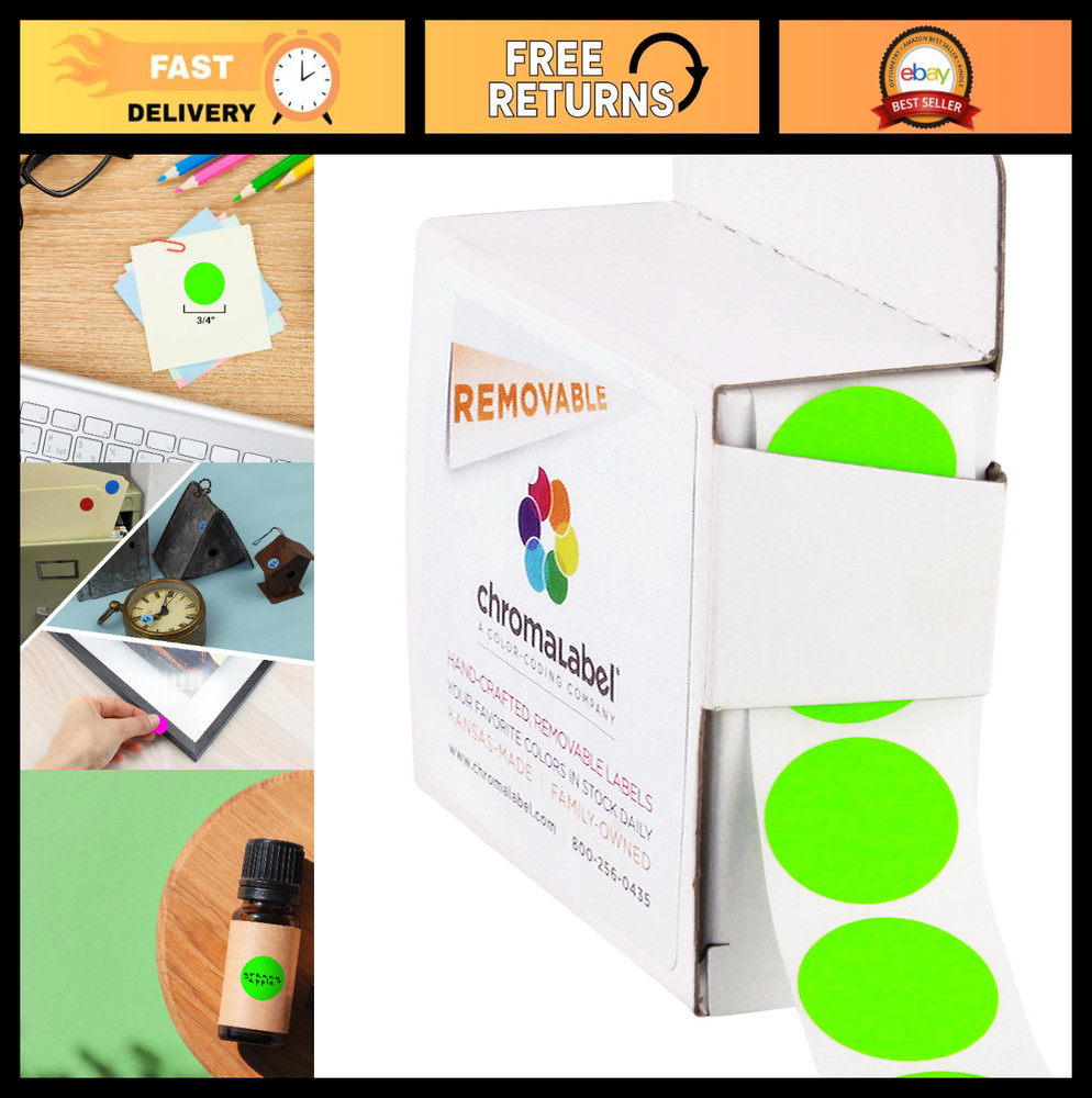 Removable Fluorescent Green Sticker Dots 3/4 Inch | Round Labels for Color Codin