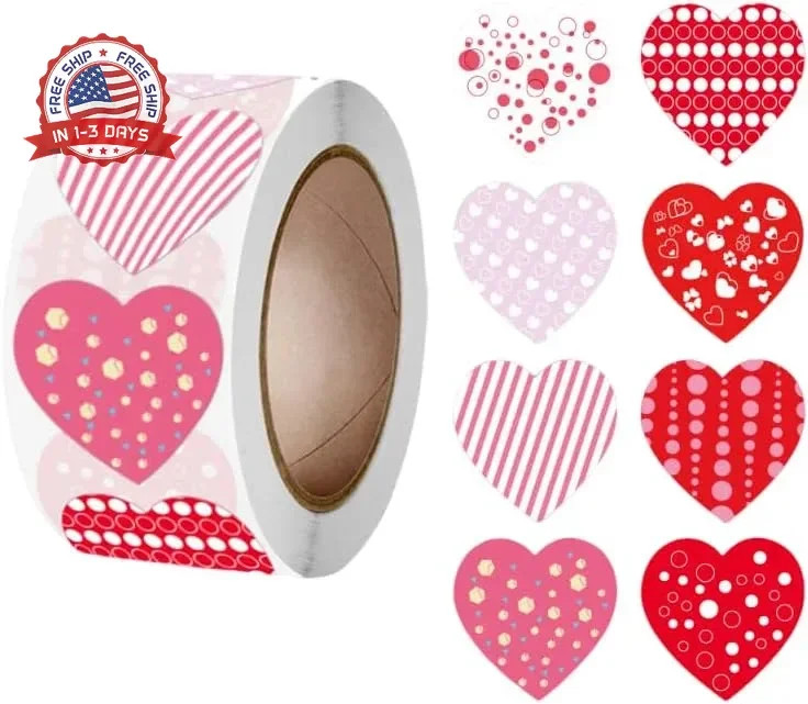 500 Pcs Funky Heart roll Stickers, Valentine’s Day Heart Stickers, Valentine’s L