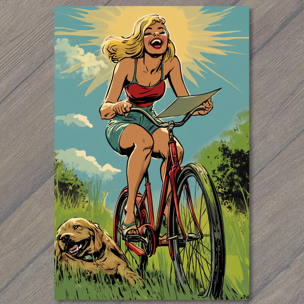 STICKER Blonde Girl Laughing Bike Ride Dogs Chasing Forest Sunlight Joy