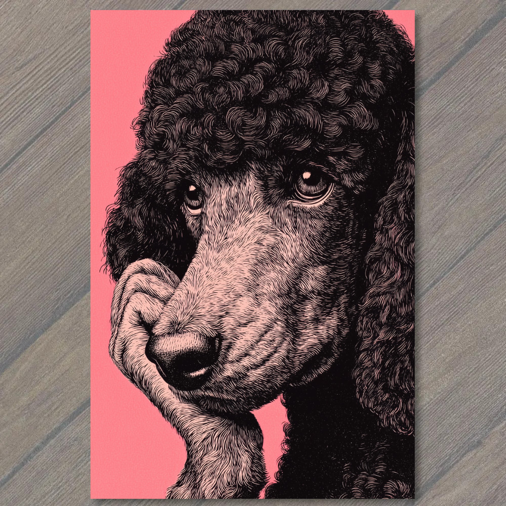 STICKER Pink Poodle Thinking Pose Curly Dog Pop Art Line Etching Retro Style