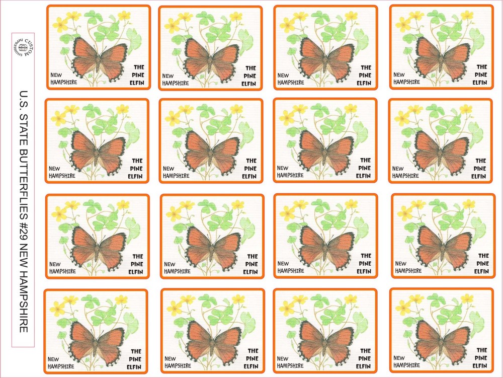 NEW HAMPSHIRE STATE BUTTERFLY – THE PINE ELFIN SIZE 2.5″ X 2″ – 16 PER SHEET