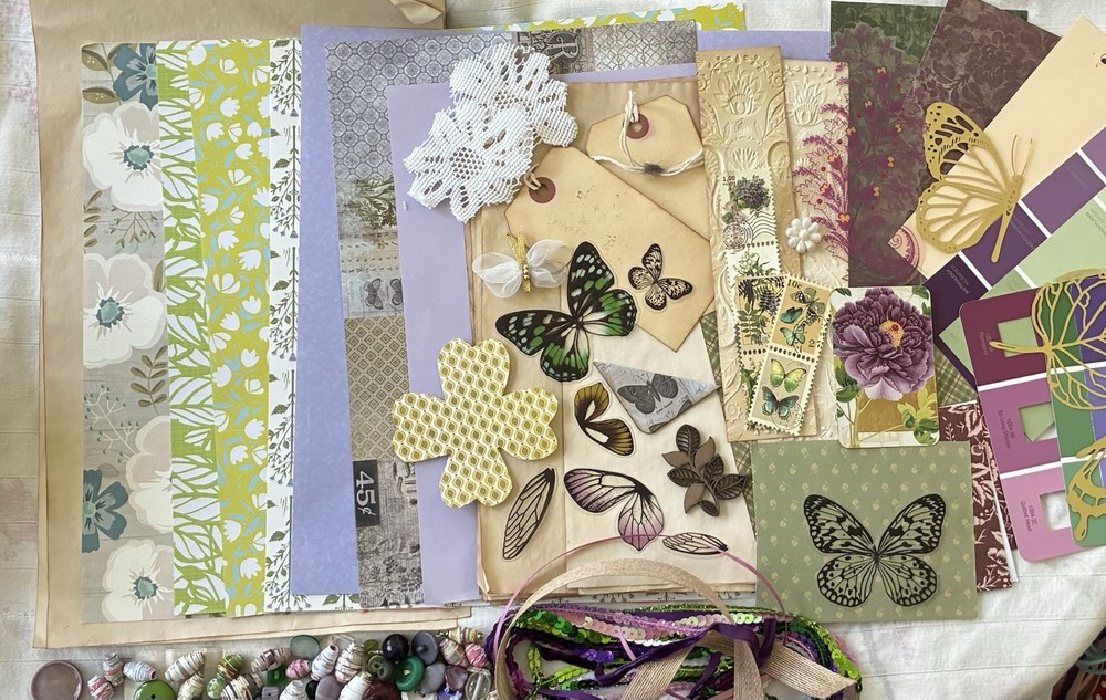 SUMMER BUTTERFLY GARDEN Junk Journal —HUGE VARIETY Paper Buttons Beads Ribbons