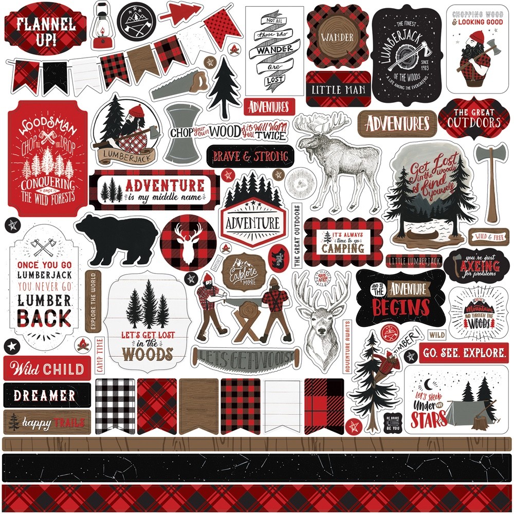 (1) 12×12 Sheet of Echo Park Paper LET’S LUMBERJACK Scrapbook Element Stickers