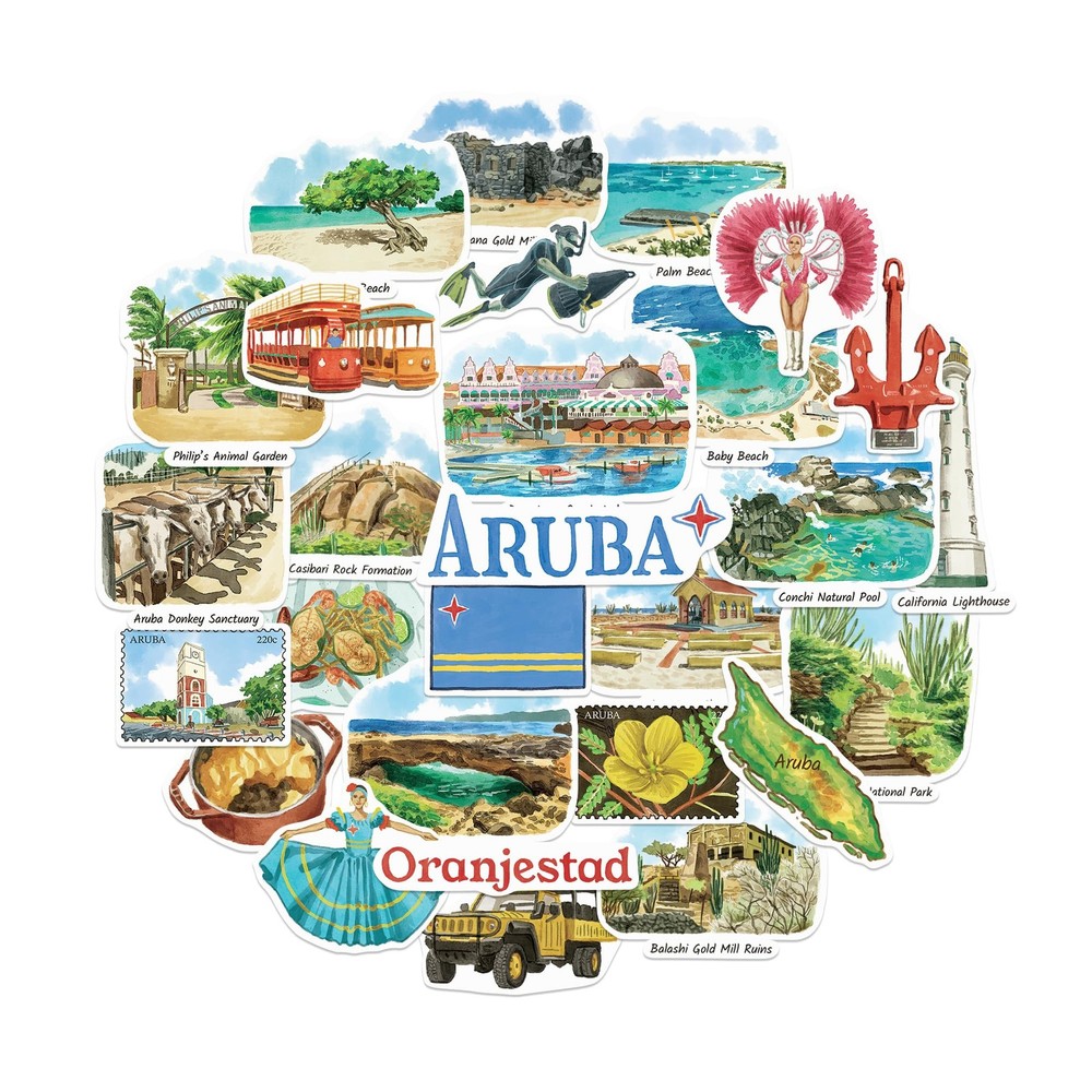 Navy Peony Relaxing Aruba Travel Stickers (28pcs)-Watercolor, Multicolored