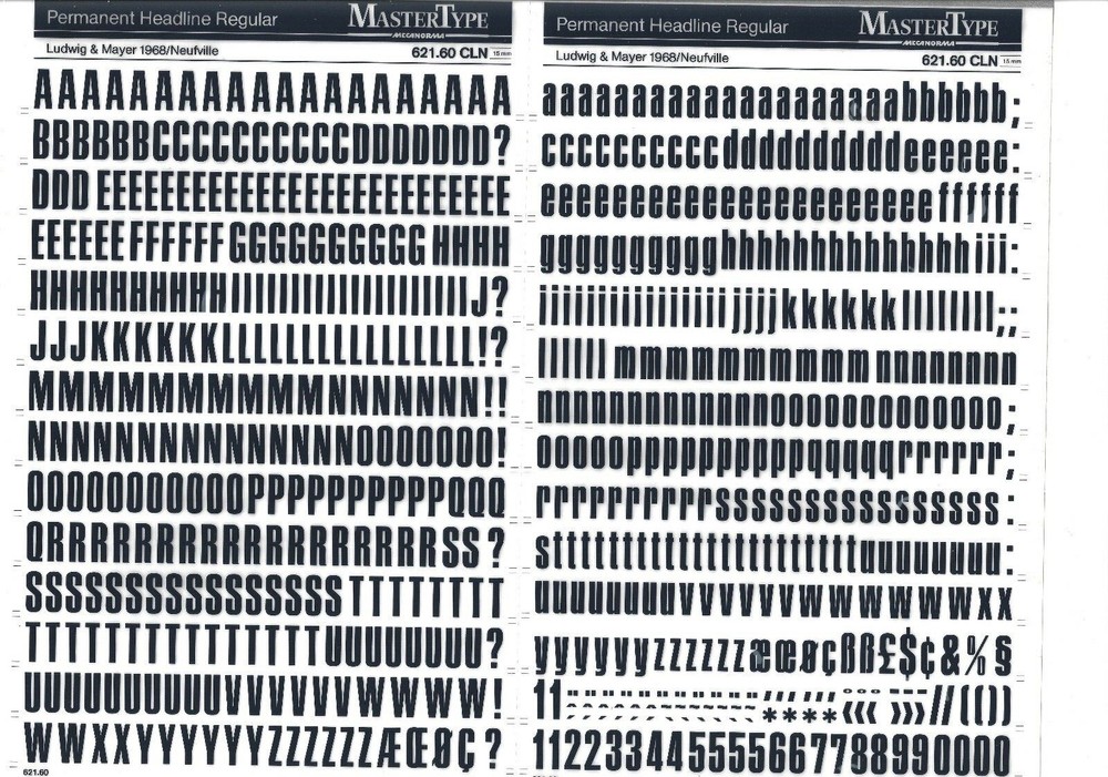 MECANORMA Transfer Lettering Sheet A3, Letraset, #628 PERMANENT HEADLINE 15mm