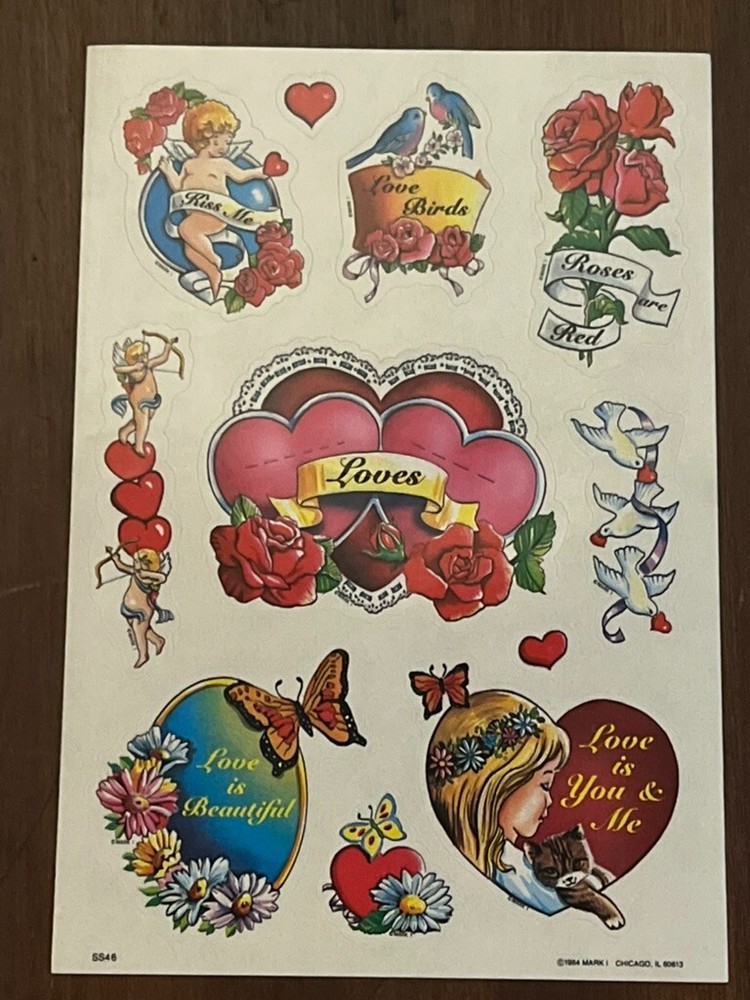 1 Sheet Vintage MARK 1 Love/Heart/Romance Stickers 1984 Rare, large sheet!