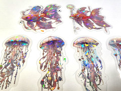 Betta Fish & Jellyfish Holographic Stickers 10pc – Shiny Sea Life Ephemera
