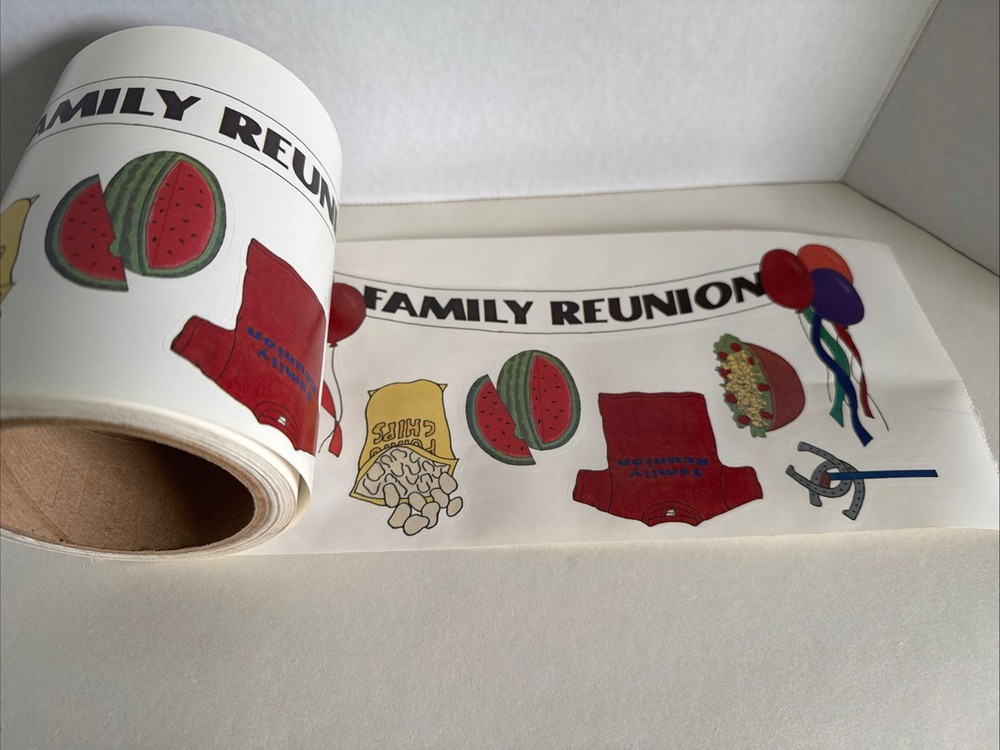 Vintage Family Reunion sticker ROLL. Scrapbook Mania Rare, Food, Banner Stickers
