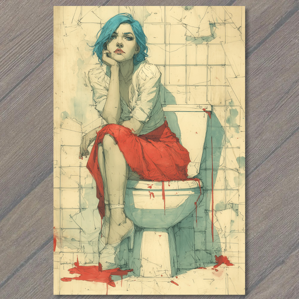 STICKER Blue Hair Woman Toilet Grimy Bathroom Red Skirt Bloody Floor Tiles