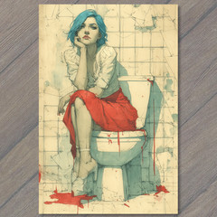 STICKER Blue Hair Woman Toilet Grimy Bathroom Red Skirt Bloody Floor Tiles