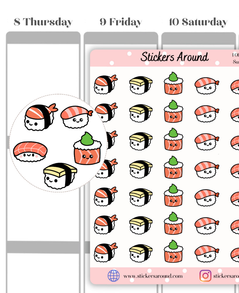 Cute Sushi Planner Sticker, Japanese Food Icon Sticker, Calendar and Journal