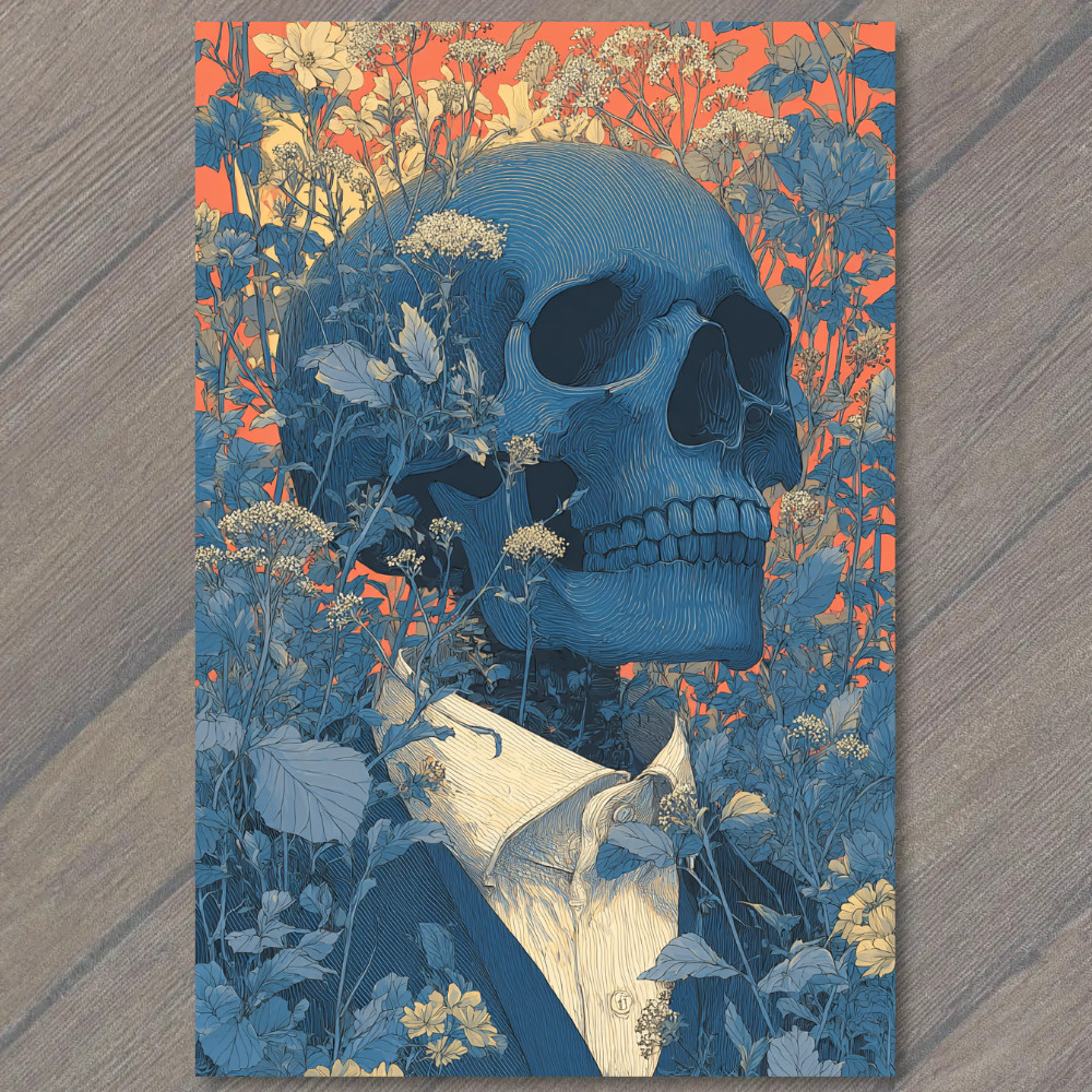 STICKER Skull Flowers Bloom Suit Blue Botanical Gothic Surreal Illustration