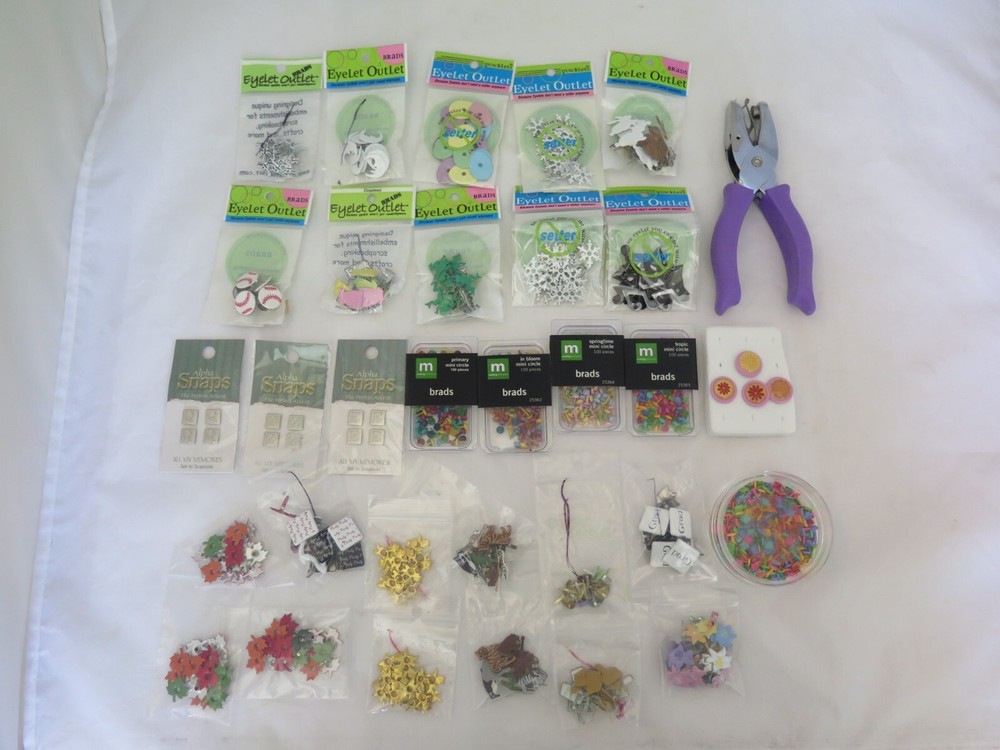 Scrapbook Embellishments Brads & Etc. Mixed Brands Lot w/ Fiskars Punch – o18