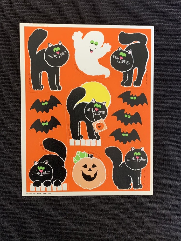 VINTAGE STICKER SHEET HALLOWEEN HALLMARK 1985 BLACK CATS GHOST PUMPKIN BATS