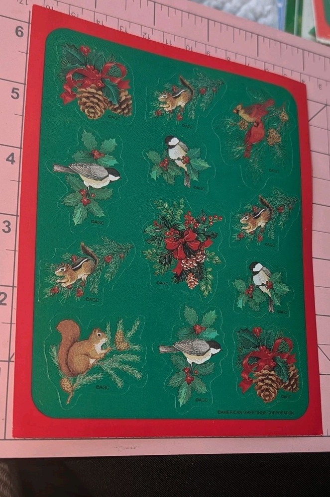 Vintage American Greeting Stickers Christmas Animals Squirrel Birds 1 Sheet
