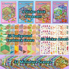 4 Sticker Books, 32 Sets DIY 3D Sticker Scene , Design Your Own Houses, Building