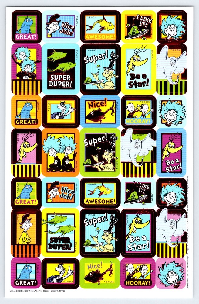 DR. SEUSS REWARD STICKERS 6″ x 9″ Sticker Sheet Scrapbooking SD3 B