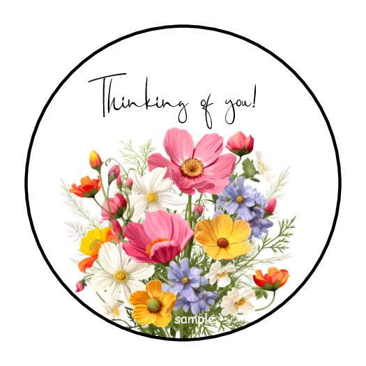 30 THINKING OF YOU FLORAL ENVELOPE SEALS STICKERS LABELS TAGS 1.5″ ROUND FLOWERS