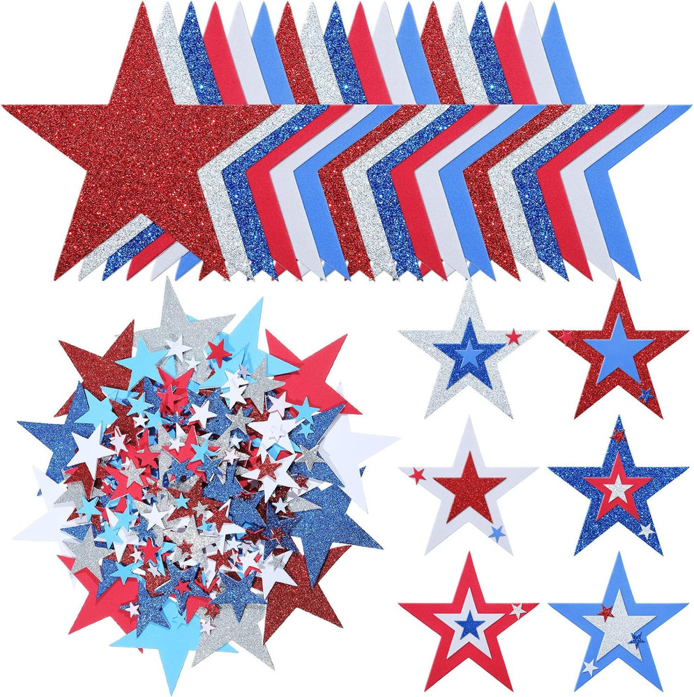 224 Pieces Red White Blue Glitter Star Stickers Christmas Foam Glitter Star Stic