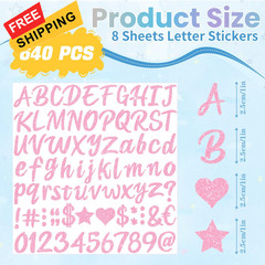 640 Pcs Letter Stickers Glitter Alphabet Stickers, 8 Sheets 1 inch, Pink